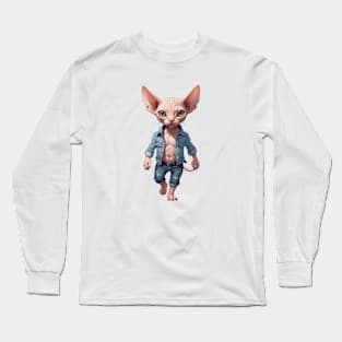 Casual Cool Cat: Sphynx in Denim Long Sleeve T-Shirt